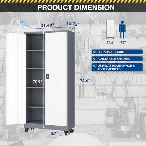 Fesbos Metal Rolling Storage Cabinet-74.6” Tall Steel File Cabinets with Wheels Lockable Doors and Adjustable Shelves-Gray & White Steel Storage Cabinet for Home, School, Office, Garage Fesbos