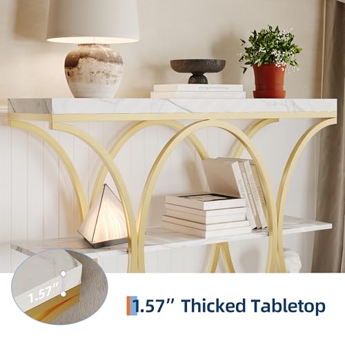 Garvee 39" Narrow Console Tables for Entryway, Industrial 3-Tier Sofa Table with Round Metal Base and Storage Shelves for Living Room, Hallway, Foyer, Gold and White Marble Garvee