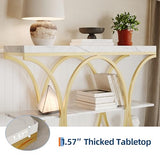 Garvee 39" Narrow Console Tables for Entryway, Industrial 3-Tier Sofa Table with Round Metal Base and Storage Shelves for Living Room, Hallway, Foyer, Gold and White Marble Garvee