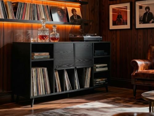 IRONCK Large Record Player Stand 55", Holds 600+ Vinyl Record Storage Cabinet with Charging Station, Mid Century Modern Turntable Stand for Living Room, Bedroom, Black IRONCK