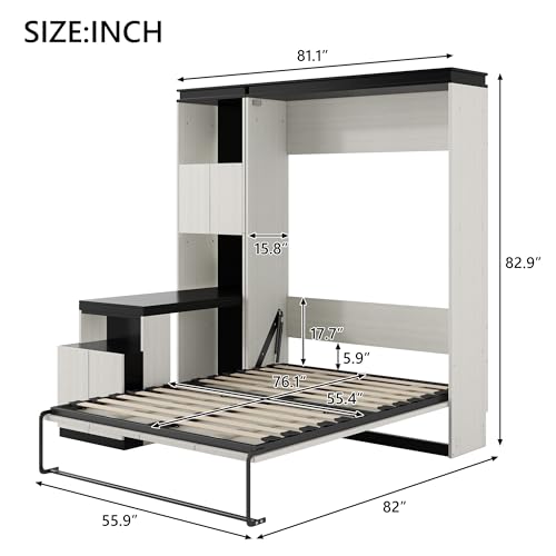 SOFTSEA Full Size Murphy Bed with Desk and Storage Shelves and Cabinets, Black+White SOFTSEA