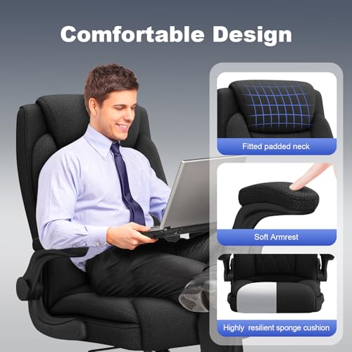 ralex-chair Big and Tall Office Chair -500 lb Heavy Duty Office Chair for Big Man, Fabric High Back Executive Office Desk Chair with 120° Tilt Rock,Computer Desk Chair with flip up arm - Black ralex-chair