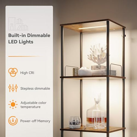 SUNMORY Display Shelf with Dimmable Lights, Lighted Display Cases for Collectibles, Adjustable Color Temperature and Brightness, Display Cabinet, Floor Lamp with Shelves, Home Decor, Rustic Brown SUNMORY