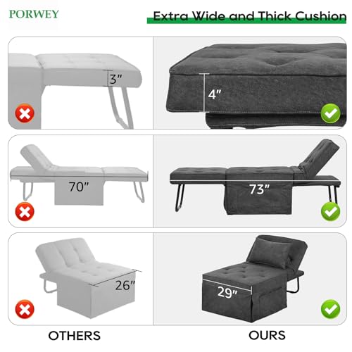 PORWEY Sleeper Chair Sofa Bed, 4-in-1 Convertible Futon Chair Multi-Function Couch Folding Ottoman with Adjustable Backrest for Living Room Apartment Office, No Assembly Required, 29” Width,Dark Gray PORWEY
