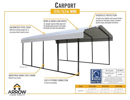 ARROW 12' x 20' x 7' 29-Gauge Carport with Galvanized Steel Roof Panels ARROW