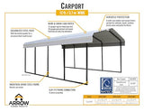 ARROW 12' x 20' x 7' 29-Gauge Carport with Galvanized Steel Roof Panels ARROW
