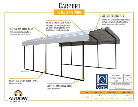 ARROW 12' x 20' x 7' 29-Gauge Carport with Galvanized Steel Roof Panels ARROW