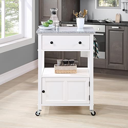 OSP Home Furnishings Fairfax Kitchen Cart with Granite Work Top and Extra Storage Drawer and Cabinet, White