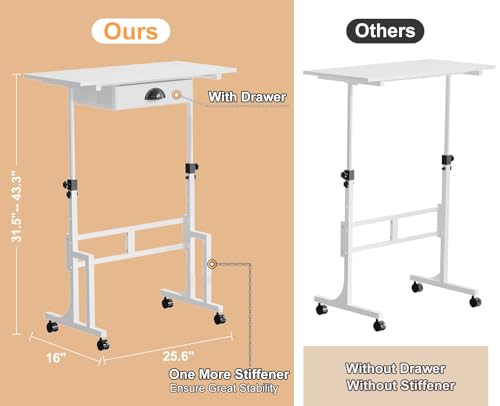 Adjustable Height Standing Desk With Drawer, Rolling Sit Stand Up Desk With Wheels, Small Sit To Stand Computer Desk, Adjustable Desktop Height, On Wheels, White, For Walking Pad Laptop Treadmill Cidaziya