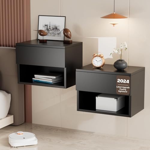 Floating Nightstand, Modern Wall Mounted Bedside Table with Drawer, Wood Bedside Shelf & Desk, End Table Wood Modern Night Stand for Bedroom (Black UI1, Set of 2) Kiseely