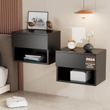 Floating Nightstand, Modern Wall Mounted Bedside Table with Drawer, Wood Bedside Shelf & Desk, End Table Wood Modern Night Stand for Bedroom (Black UI1, Set of 2) Kiseely