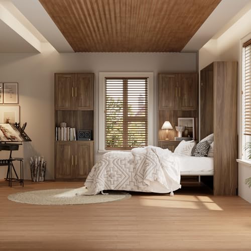 Jiaoun Queen Murphy Bed,Farmhouse Guest Beds,Folding Wall Bed with Hydraulic Bar,64" W Twin Murphy Beds with 2 Cabinet for Small Spaces/Offices/Apartments/Guest Room,Brown Jiaoun