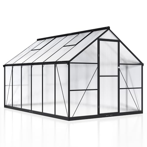 AirWire 12x8 FT Greenhouse for Outdoors, Quick Setup Polycarbonate Greenhouse with Roof Vent, Aluminum Large Walk-in Greenhouse for Outside Garden Backyard, Black