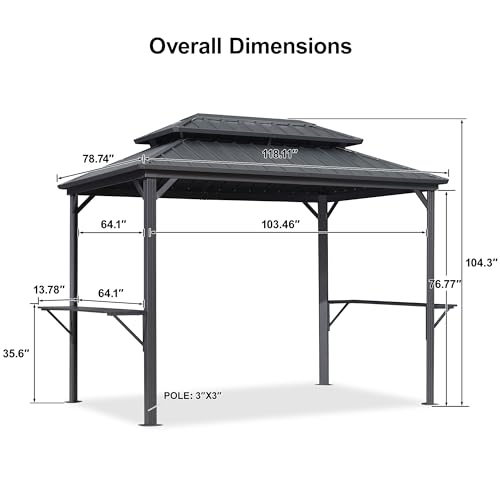 PURPLE LEAF 6.5' X 10' Hardtop Grill Gazebo for Patio Permanent Aluminum Barbeque Shelter Gazebo Canopy with Ceiling Hook and Shelves Double Tiered Grey Outdoor BBQ Gazebo PURPLE LEAF