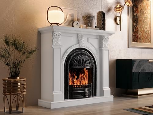 BOSHIRO 48" Electric Fireplace Tv Stand with Mantel, Entertainment Center with Black Birdcage Fire Place Heater & Carved Square Column Design for Living Room, Bedroom BOSHIRO