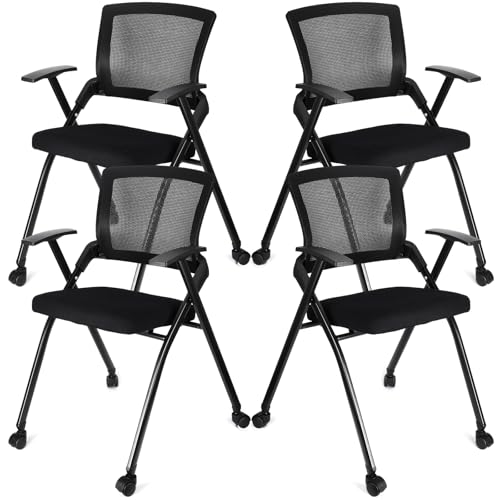 AceOrbit 4 Pcs Foldable Office Chair with PU Wheels Lumbar Support, Armrest, Thick Breathable Mesh Seat Stackable Chair for Office Meeting, Conference, Training Room, Black AceOrbit