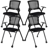 AceOrbit 4 Pcs Foldable Office Chair with PU Wheels Lumbar Support, Armrest, Thick Breathable Mesh Seat Stackable Chair for Office Meeting, Conference, Training Room, Black AceOrbit