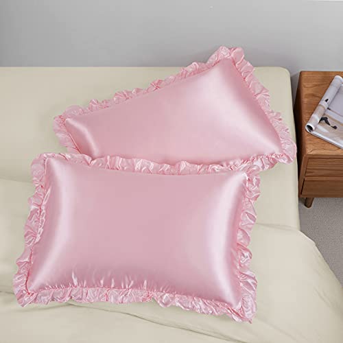 SiinvdaBZX Ruffled Queen Satin Pillowcase Set of 2, Blush Pink Silky Satin Pillow Cases for Women Ruffle Pillow Shams Covers Princess Room Decoration, with Envelope Closure SiinvdaBZX