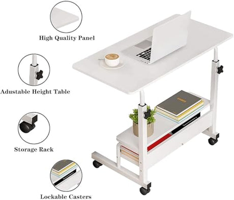 Adjustable Height Mobile Computer Desk for Small Space Rolling Writing with Wheels Corner Home Office Study Portable Bedrooms Work Size 31.5 Inch Storage Gaming Table, White D Dekhaoxe