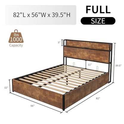 LUXOAK Full Size Lift Up Storage Bed, Wood Platform Bed Frame with Storage Headboard & Charging Station, No Box Spring Needed, Easy Assembly, Rustic - WoodArtSupply