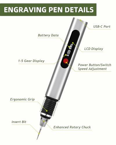 Updated Engraving Pen, 5-Speed Adjustable Cordless Portable Engraver Pen Tool for Artists & DIYers, Beginner Friendly, Rechargeable, Engrave 60+ Surfaces, Free 33 Bits & Mastery Guide(Silver) vueowcue