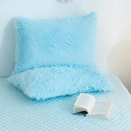 HAIHUA Plush Blue Comforter Cover Twin Set, Furry Blue Girls Twin Bedding Set 2 Pieces (1 Shaggy Duvet Cover + 1 Faux Fur Plush Pillow Cases) Girls Fuzzy Bed Set, Fluffy Bed Set, Zipper Closure HAIHUA