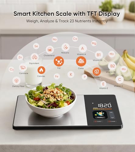 KUAIVO Smart Nutrition Food Scale with TFT Display, Tracks Calories, Fat, Carbs & Protein, Works with App for Daily Reports, 50 Built-in Foods, 23 Nutrients, Digital Kitchen Scale for Meal Prep KUAIVO