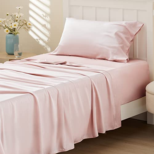 Bedsure Cooling Sheets Twin, Rayon Derived from Bamboo, Breathable & Soft Twin Sheets Set, Deep Pocket Up to 16 Inches, Hotel Luxury Silky Bedding for Hot Sleepers, Pink Bedsure