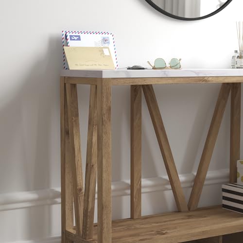 BizChair Farmhouse 2-Tier Console Table - Warm Oak Finish Engineered Wood Frame - Marble Finish Tabletop - for Entryway or Living Room BizChair