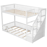 SOFTSEA Twin Over Twin Floor Bunk Bed with Storage Stairs, Solid Wood Low Bunk Bed Frame with Door & Guardrails, Space-Saving Stairway Bunk Beds for Kids Teens & Adults, White SOFTSEA