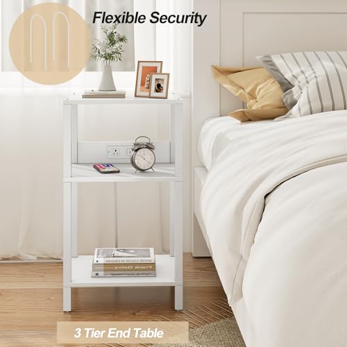 TUTOTAK Record Player Stand with Storage Up to 100 Albums，Record Storage Table,3 Tier End Table with Charging Station,Side Table for Living Room, Bedroom, White TB01BW076 TUTOTAK