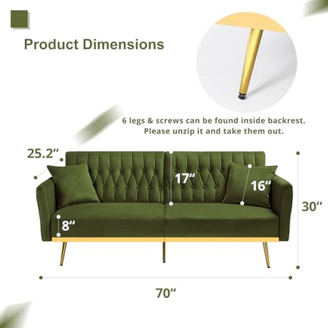 ACMEASE 2 Pieces Velvet Sofa Set with Adjustable Armrest and Backrest, 70” Convertible Futon Sofa Bed & Mordern Accent Chair with Ottoman for Living Room, Bedroom, Olive Green ACMEASE