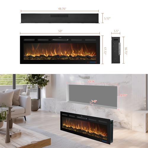 Mystflame 50 Inch WiFi-Enabled Recessed Electric Fireplace Inserts with Log Speaker,Alexa/Google Compatible,Wall Mounted & Freestanding Fireplace Heater,13 Adjustable Colors,5 Brightness Levels,Timer Mystflame