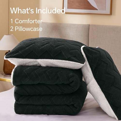BEDELITE Fluffy Twin Comforter Set - Super Soft Sherpa Black Comforter for Twin Size Bed, Luxury Warm Bedding Set for Winter, Fuzzy Bed Set 2 Piece (1 Comforter, 1 Pillowcase) BEDELITE