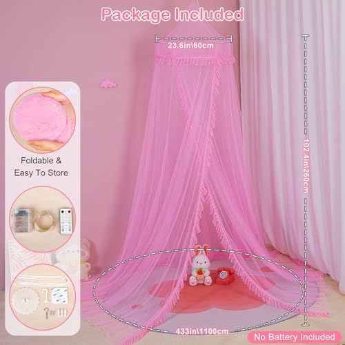 Unicorn Castle Bed Canopy for Girls with Remote Timer Breathable Canopy Bed Curtains with 8 Modes LED Lights Net Canopy for Bed for Girls Room Decor,Pink