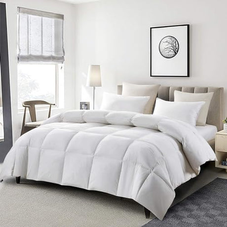 Serta Goose Feather Down Fiber Cotton Comforter Twin Size - 100% Cotton Duvet Insert - Hotel Luxury Hypoallergenic Bedding Comforter All Season Medium Warmth 68 x 90 Inch White Serta