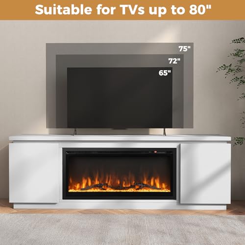 Tangkula Fireplace TV Stand for TVs up to 80", 70" Media Console Table with 36" Electric Fireplace, 3 Adjustable Shelves, Anti-Tipping Kits & Soft Close Hinges, Entertainment Center (White) Tangkula