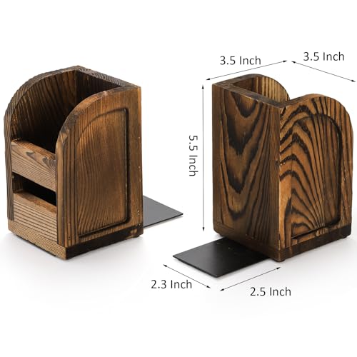 Nicunom 2 Pcs Bookends for Shelves, 2-in-1 Wooden Bookend with Desk Supply Holds, Non-Skid Book Ends Book Stopper, Sturdy Book Holder Organizer Decorative Bookends for Home Office