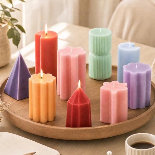 Defresit 13 Pcs Reusable Candle Molds for Candle Making, Cylinder Star Moon Cloud Cat Shapes, DIY Moldes para Velas, Silicone Mold Making Kit for Beginners, Soap & Resin Craft Kit, Mother’s Day Gift