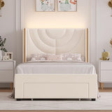 HITHOS 2 Set Twin Upholstered LED Bed Frame with Storage Drawer, Velvet Kids Bed with Headboard, Princess Twin Platform Bed for Girls/Kids, Solid Wood Slats Support, No Box Spring Needed (Beige) HITHOS