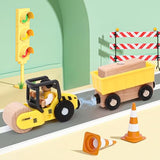 Atoylink 15PCS Kids Wooden Construction Toys with Magnetic Train Cars, Gantry Crane Bulldozer Roller Tow Truck Construction Site Vehicles Playset Gifts for 3 4 5 6 Year Old Toddlers Boys Atoylink