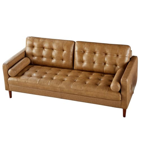 AMERLIFE Leather Sofa, Mid-Century Modern Genuine Leather Sofa, 3 Seater Comfy Couch for Living Room Home Office -Brown Leather Sofa Couch AMERLIFE