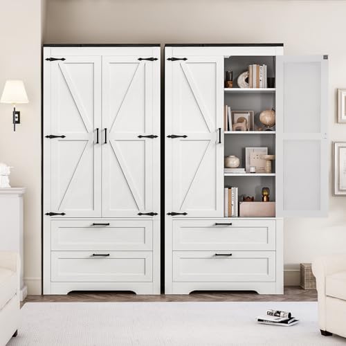 Quimoo 71" Tall Pantry Cabinet with 2 Drawers & Adjustable Shelf, Kitchen Pantry Cabinet with Barn Doors, Storage Cabinet, Kitchen Cabinet for Kitchen, Home Office, Bathroom, White - WoodArtSupply