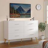 Shintenchi 6 Drawer Dresser, White Double Dresser for Bedroom, Modern Chest of Drawers TV Stand, Wooden Storage Organizer for Living Room, Entryway, White and Gold Dresser Shintenchi
