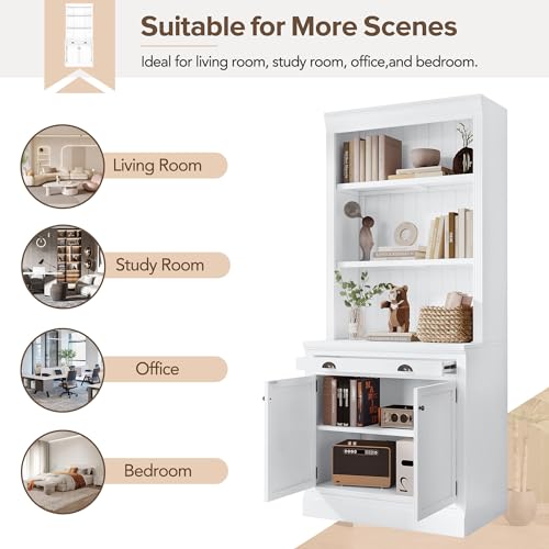 Flieks 83.4" Modern White Bookshelf with LED Lighting, Doors, and Drawer for Stylish Storage - WoodArtSupply