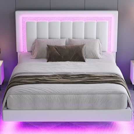 HOMBCK Floating Bed Frame Queen with Smart LED Lights, Faux Leather Upholstered Bed with Diamond PU Headboard, No Box Spring Needed, Noise-Free, Easy Assembly, White HOMBCK