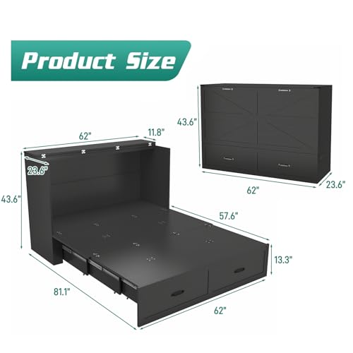Hlivelood Queen Size Murphy Chest Bed with Drawer and Charging Station, Farmhouse Wood Space-Saving Hidden Folding Bed Chest, Multifunctional Storage Cabinet Beds for Bedroom, Office, Black Hlivelood