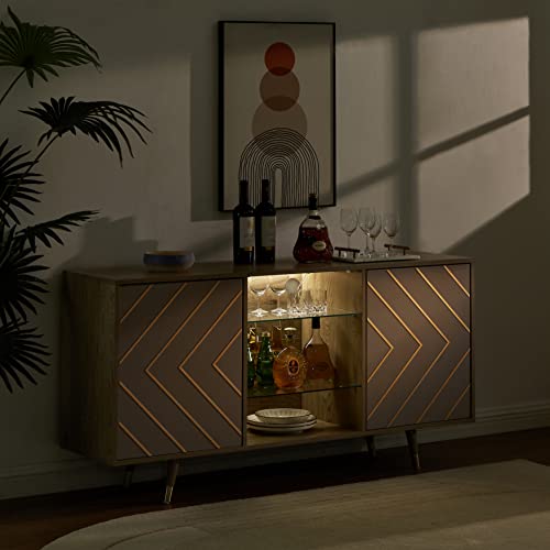 roomfitters Mid Century Modern TV Stand with Storage, Entertainment Center with LED Lights, Sideboard Credenza Buffect Cabinet, Media Console for Living Room (Geometric Grey, Gold Inlayed) roomfitters