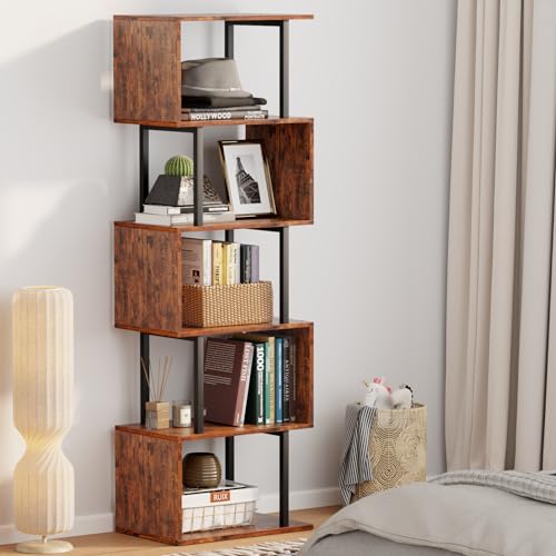 Furologee 6-Tier S-Shaped Geometric Bookshelf - Industrial Freestanding Display Unit in Rustic Brown - WoodArtSupply