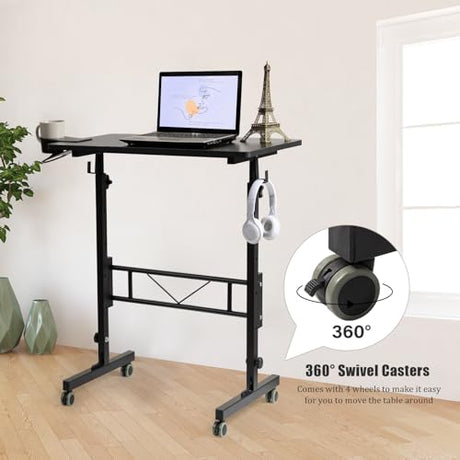 SIDUCAL Standing Desk Adjustable Height, Small Mobile Table with Wheels, Rolling Desk for Standing or Sitting, Portable Computer Desk for Walking Pad, Black SIDUCAL